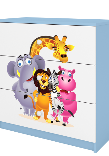Babydreams barnekommode med dyrehagedyr, m. 3 skuffer - hvit og bl laminat
