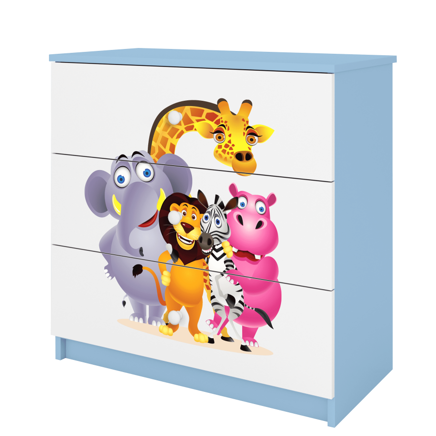 Babydreams barnekommode med dyrehagedyr, m. 3 skuffer - hvit og bl laminat