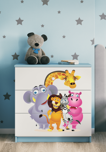 Babydreams barnekommode med dyrehagedyr, m. 3 skuffer - hvit og bl laminat