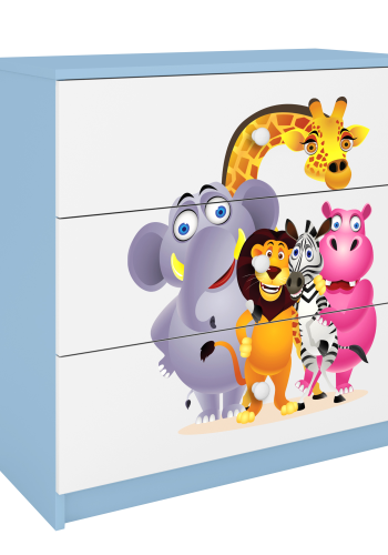 Babydreams barnekommode med dyrehagedyr, m. 3 skuffer - hvit og bl laminat