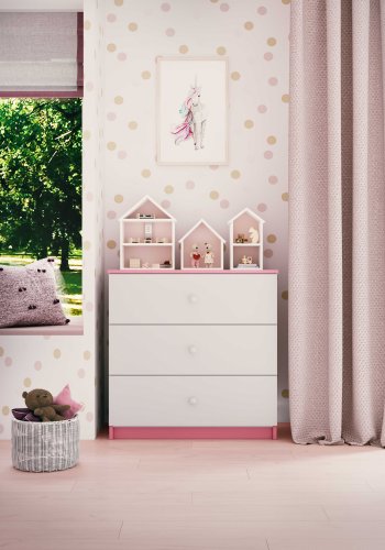 Babydreams kommode for barn, m. 3 skuffer - hvit og rosa laminat