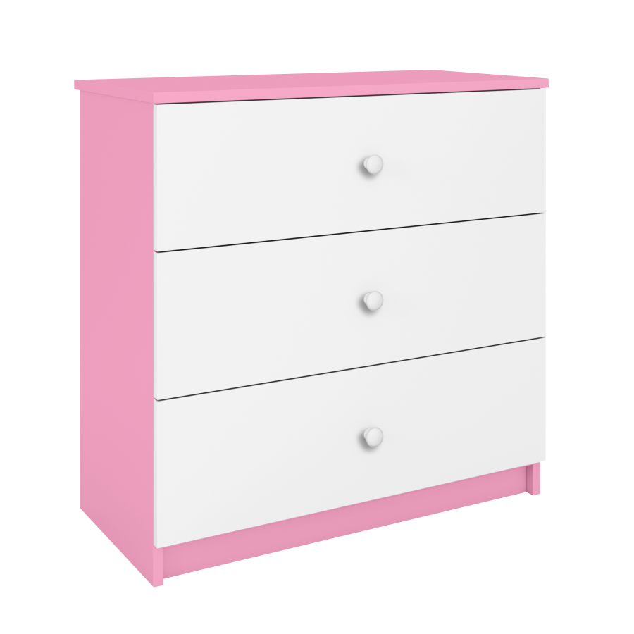 Babydreams kommode for barn, m. 3 skuffer - hvit og rosa laminat