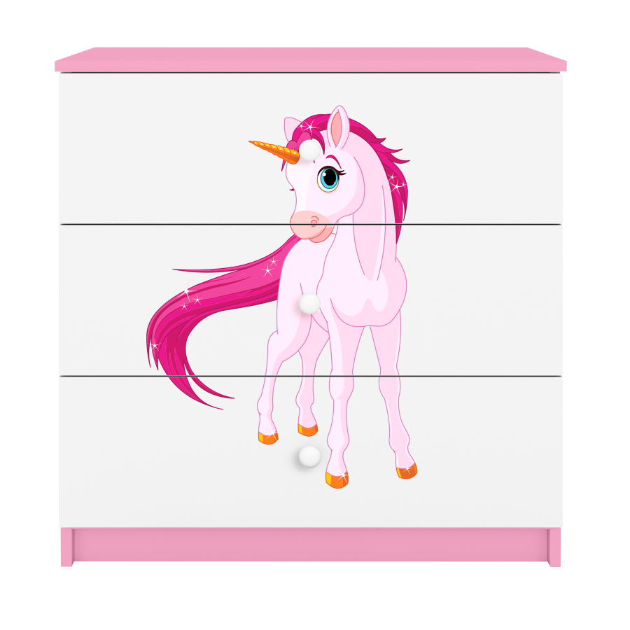 Babydreams barnekommode med enhjrning, m. 3 skuffer - hvit og rosa laminat