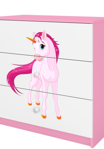 Babydreams barnekommode med enhjrning, m. 3 skuffer - hvit og rosa laminat