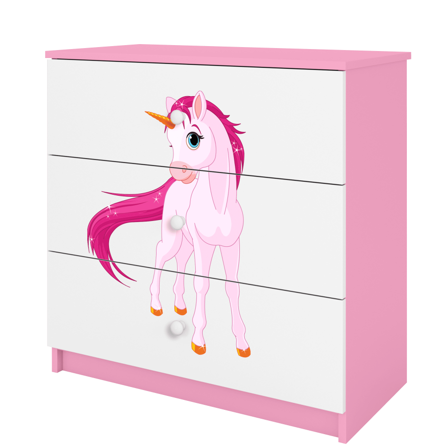 Babydreams barnekommode med enhjrning, m. 3 skuffer - hvit og rosa laminat