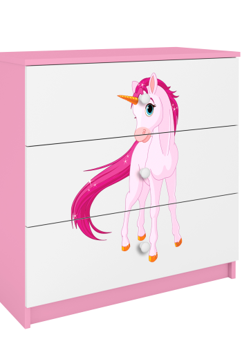 Babydreams barnekommode med enhjrning, m. 3 skuffer - hvit og rosa laminat