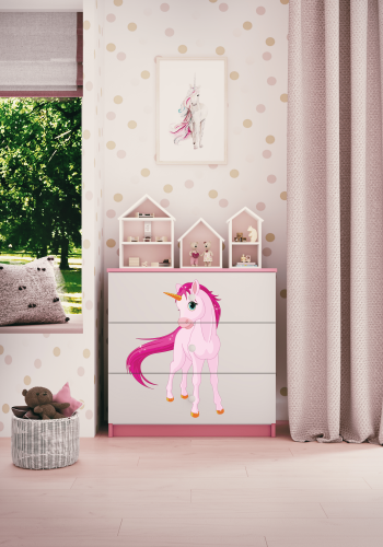 Babydreams barnekommode med enhjrning, m. 3 skuffer - hvit og rosa laminat