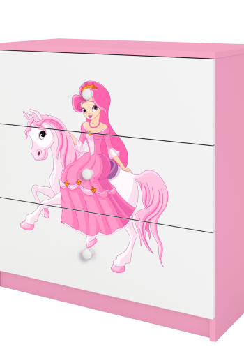 Babydreams barnekommode med prinsesse p hest, m. 3 skuffer - hvit og rosa laminat