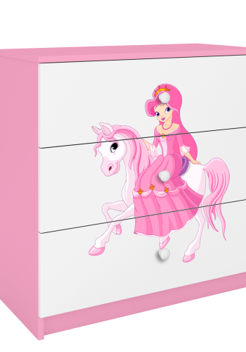 Babydreams barnekommode med prinsesse p hest, m. 3 skuffer - hvit og rosa laminat