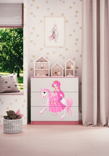 Babydreams barnekommode med prinsesse p hest, m. 3 skuffer - hvit og rosa laminat