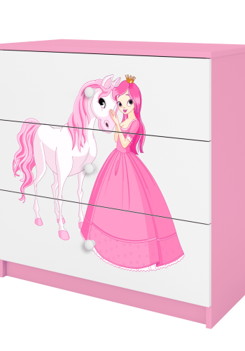 Babydreams barnekommode med prinsesse og hest, m. 3 skuffer - hvit og rosa laminat