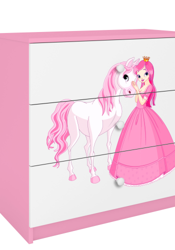 Babydreams barnekommode med prinsesse og hest, m. 3 skuffer - hvit og rosa laminat