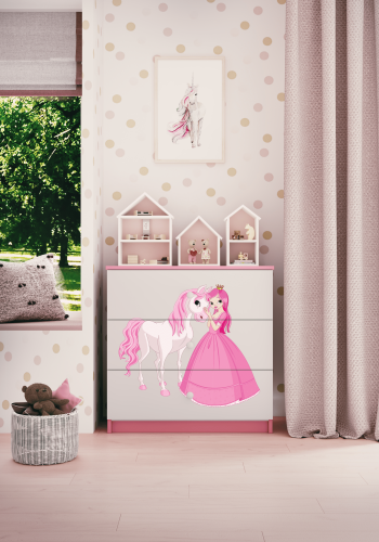 Babydreams barnekommode med prinsesse og hest, m. 3 skuffer - hvit og rosa laminat