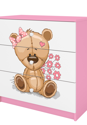 Babydreams Kinderkommode mit Teddybär und Blumen, 3 Schubladen - Laminat weiß und rosa