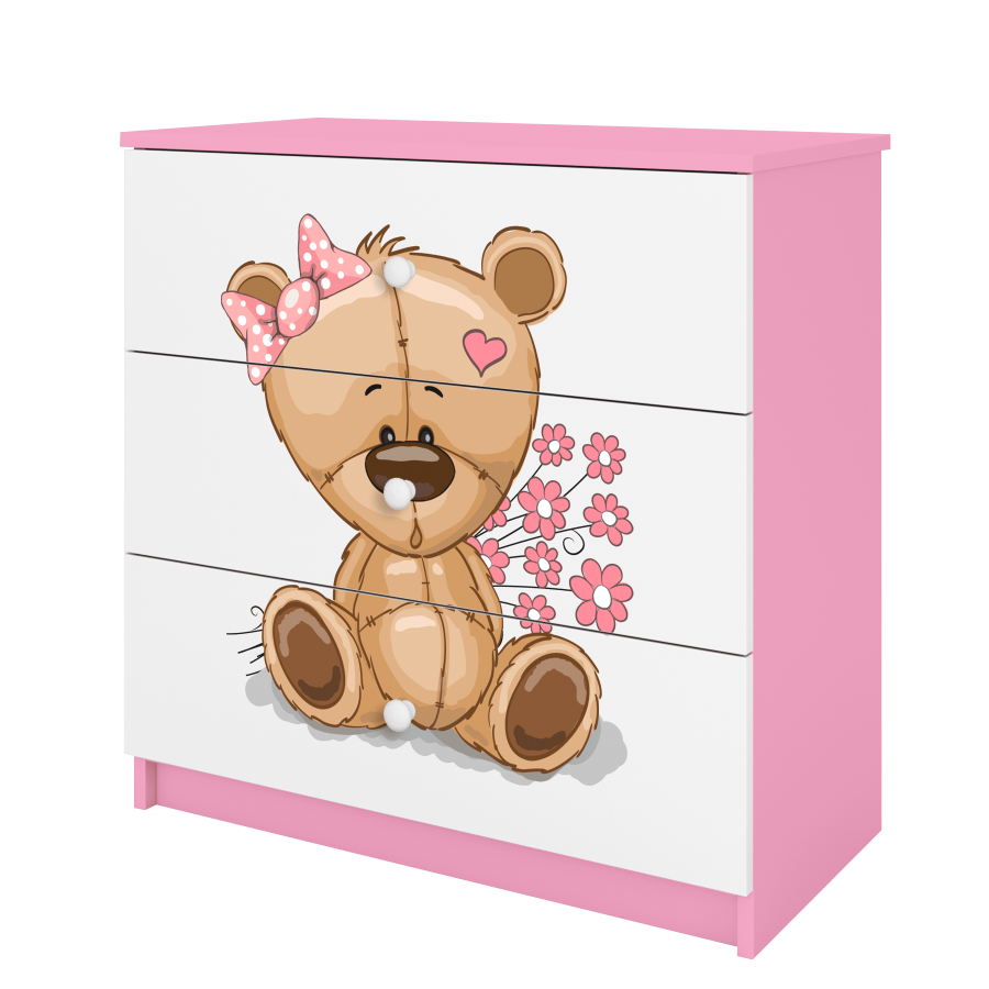 Babydreams Kinderkommode mit Teddybär und Blumen, 3 Schubladen - Laminat weiß und rosa