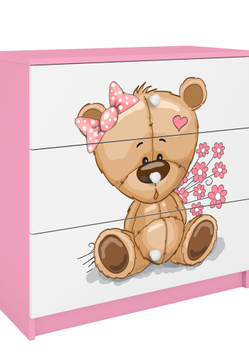Babydreams Kinderkommode mit Teddybär und Blumen, 3 Schubladen - Laminat weiß und rosa