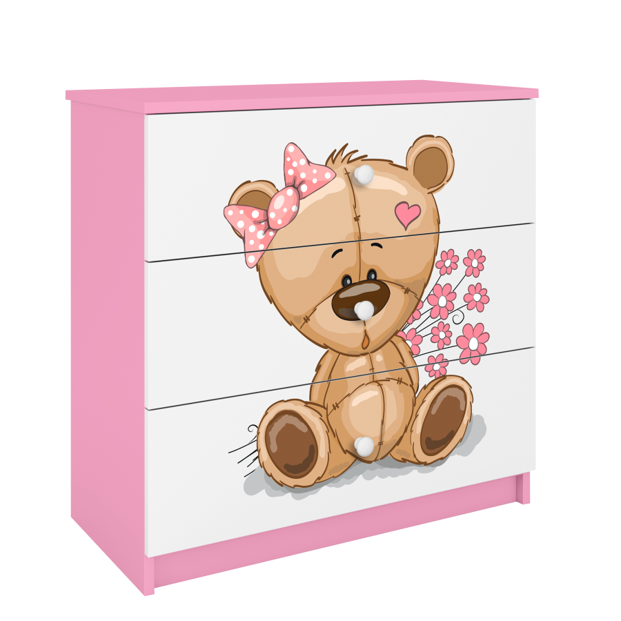 Babydreams Kinderkommode mit Teddybär und Blumen, 3 Schubladen - Laminat weiß und rosa