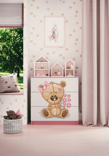 Babydreams Kinderkommode mit Teddybär und Blumen, 3 Schubladen - Laminat weiß und rosa