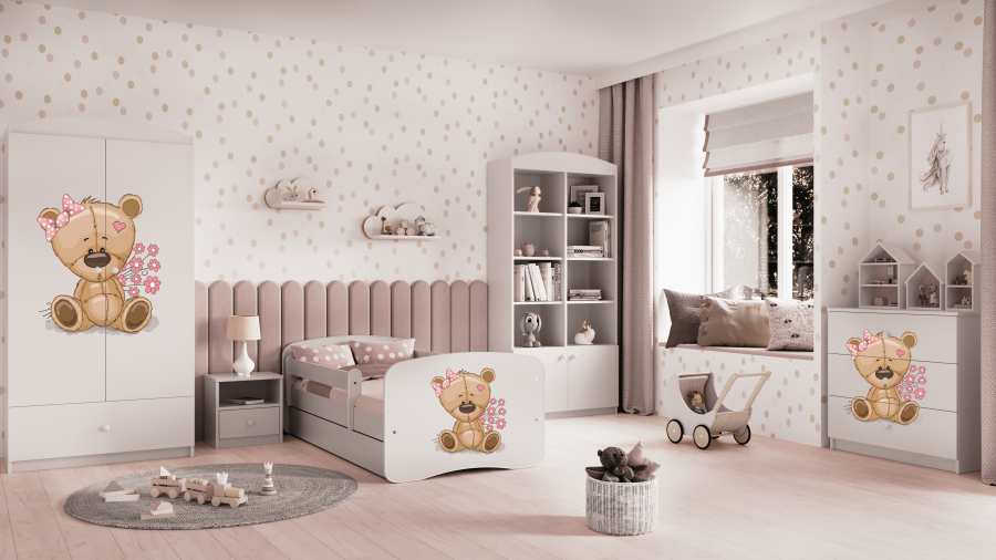 Babydreams Kinderkommode mit Teddybär und Blumen, 3 Schubladen - Laminat weiß und rosa