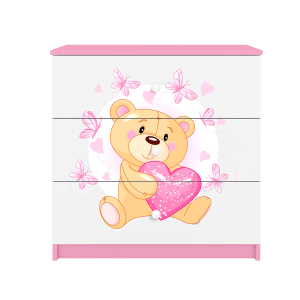 Babydreams brnekommode med bamse med sommerfugle, m. 3 skuffer - hvid og lyserd laminat