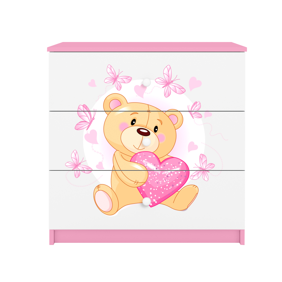 Babydreams barnekommode med bamse med sommerfugler, m. 3 skuffer - hvit og rosa laminat