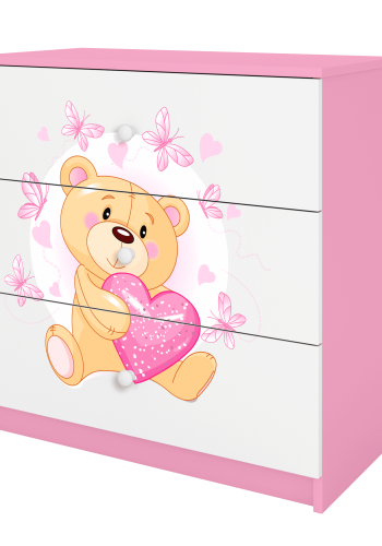 Babydreams barnekommode med bamse med sommerfugler, m. 3 skuffer - hvit og rosa laminat