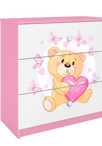Babydreams barnekommode med bamse med sommerfugler, m. 3 skuffer - hvit og rosa laminat