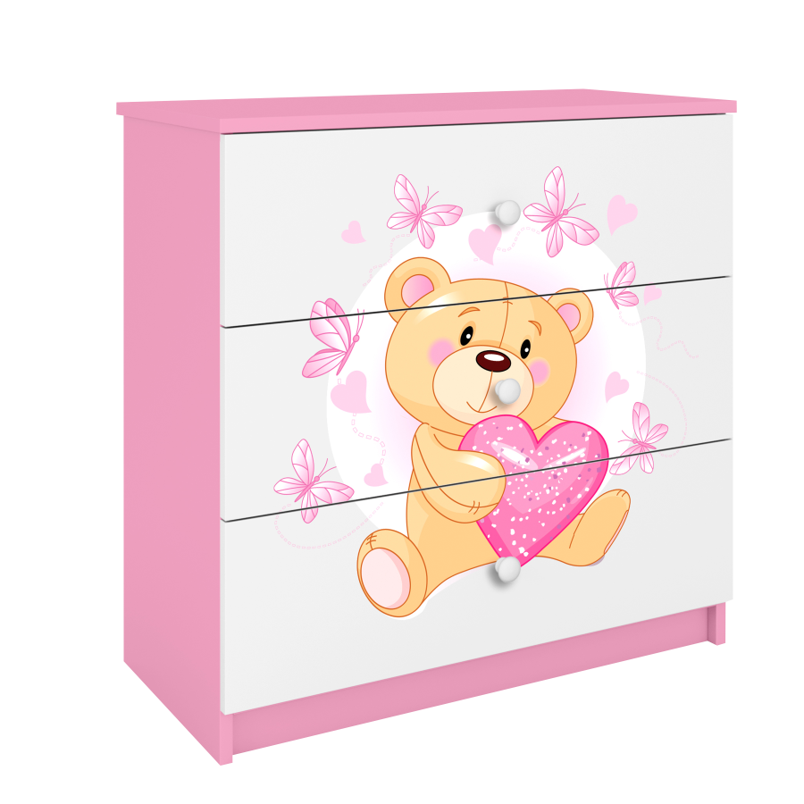 Babydreams barnekommode med bamse med sommerfugler, m. 3 skuffer - hvit og rosa laminat