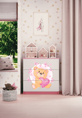 Babydreams barnekommode med bamse med sommerfugler, m. 3 skuffer - hvit og rosa laminat
