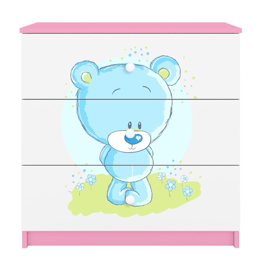 Babydreams barnekommode med bl bamse, m. 3 skuffer - hvit og rosa laminat