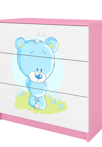 Babydreams barnekommode med bl bamse, m. 3 skuffer - hvit og rosa laminat