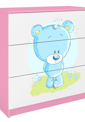 Babydreams barnekommode med bl bamse, m. 3 skuffer - hvit og rosa laminat