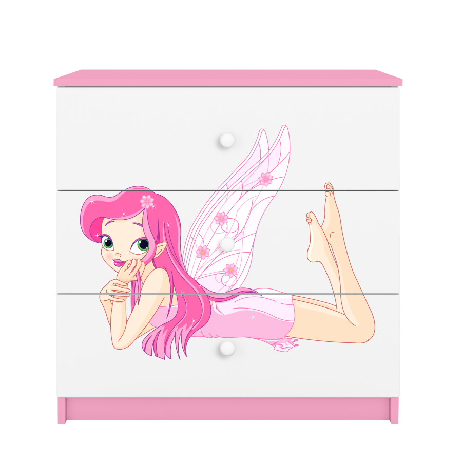 Babydreams barnekommode med fe med vinger, m. 3 skuffer - hvit og rosa laminat