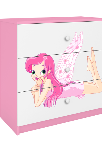 Babydreams barnekommode med fe med vinger, m. 3 skuffer - hvit og rosa laminat