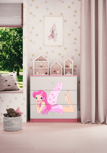 Babydreams barnekommode med fe med vinger, m. 3 skuffer - hvit og rosa laminat