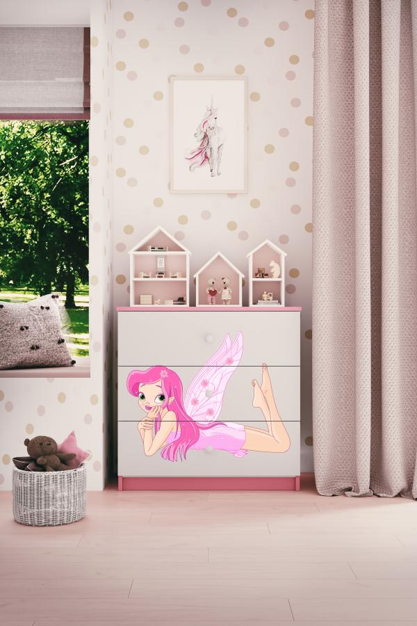 Babydreams barnekommode med fe med vinger, m. 3 skuffer - hvit og rosa laminat