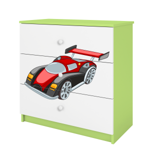 Babydreams brnekommode med racerbil, m. 3 skuffer - hvid og grn laminat