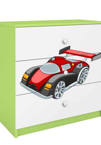 Babydreams barnekommode med racerbil, m. 3 skuffer - hvit og grnn laminat