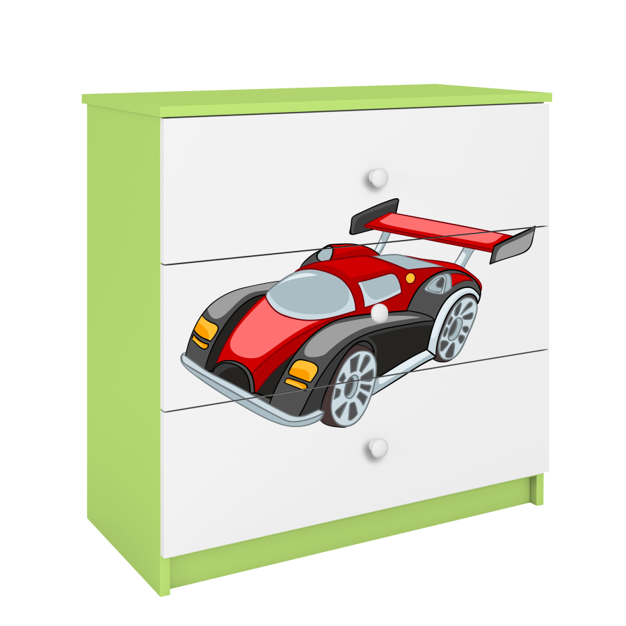 Babydreams barnekommode med racerbil, m. 3 skuffer - hvit og grnn laminat