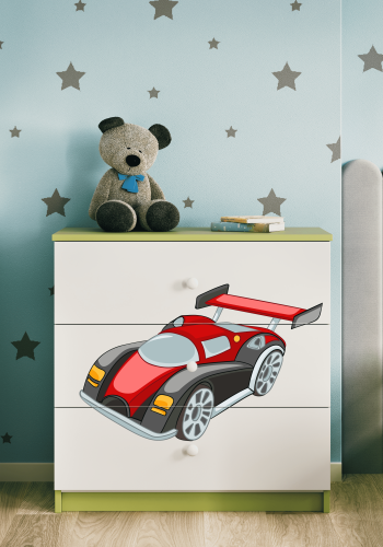 Babydreams barnekommode med racerbil, m. 3 skuffer - hvit og grnn laminat