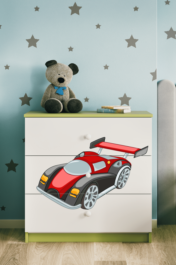 Babydreams barnekommode med racerbil, m. 3 skuffer - hvit og grnn laminat