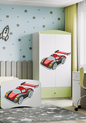 Babydreams barnekommode med racerbil, m. 3 skuffer - hvit og grnn laminat