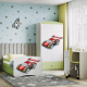 Babydreams barnekommode med racerbil, m. 3 skuffer - hvit og grnn laminat