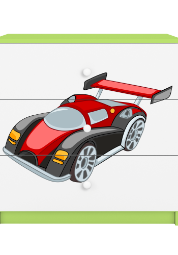 Babydreams barnekommode med racerbil, m. 3 skuffer - hvit og grnn laminat