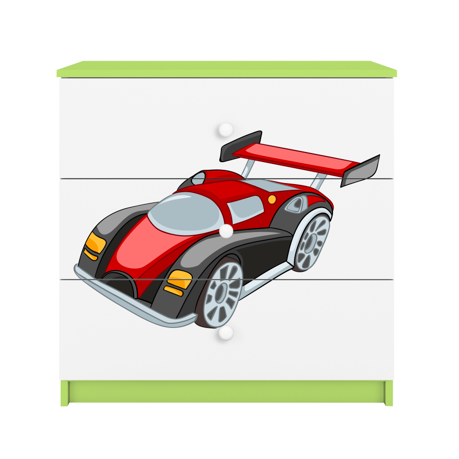 Babydreams barnekommode med racerbil, m. 3 skuffer - hvit og grnn laminat