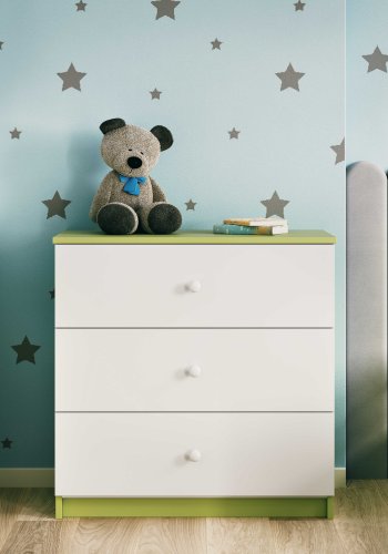 Babydreams kommode for barn, m. 3 skuffer - hvit og grnn laminat