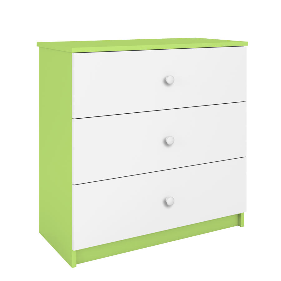 Babydreams kommode for barn, m. 3 skuffer - hvit og grnn laminat