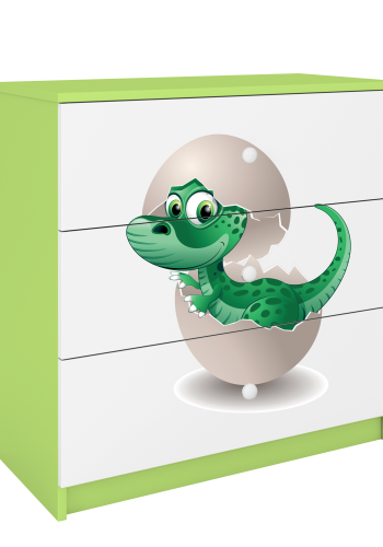 Babydreams barnekommode med liten dino, m. 3 skuffer - hvit og grnn laminat