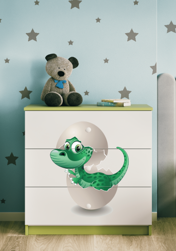 Babydreams barnekommode med liten dino, m. 3 skuffer - hvit og grnn laminat