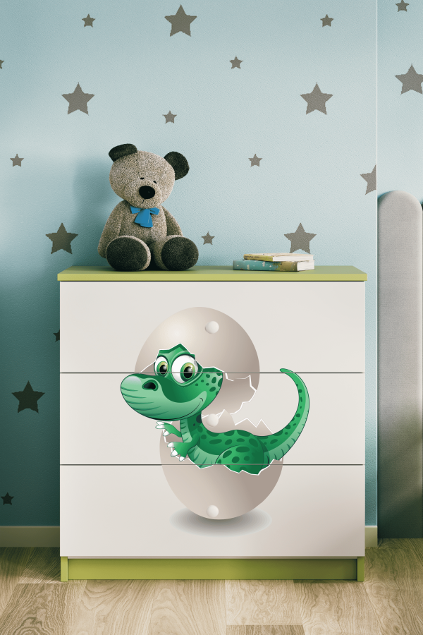 Babydreams barnekommode med liten dino, m. 3 skuffer - hvit og grnn laminat